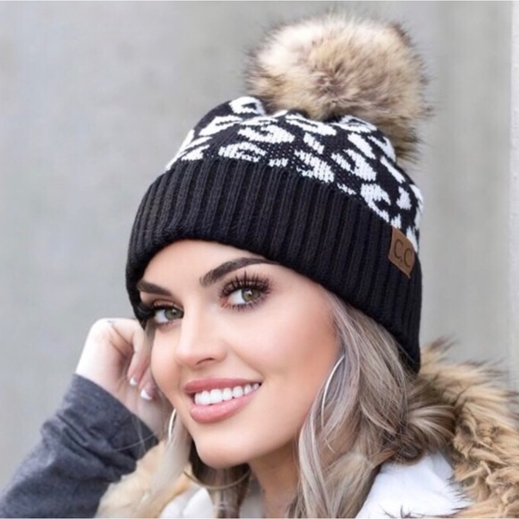 1 LEFT! C.C. Knit Pom Beanie With Leopard Print Women’s Warm Winter Hat - Picture 2 of 5